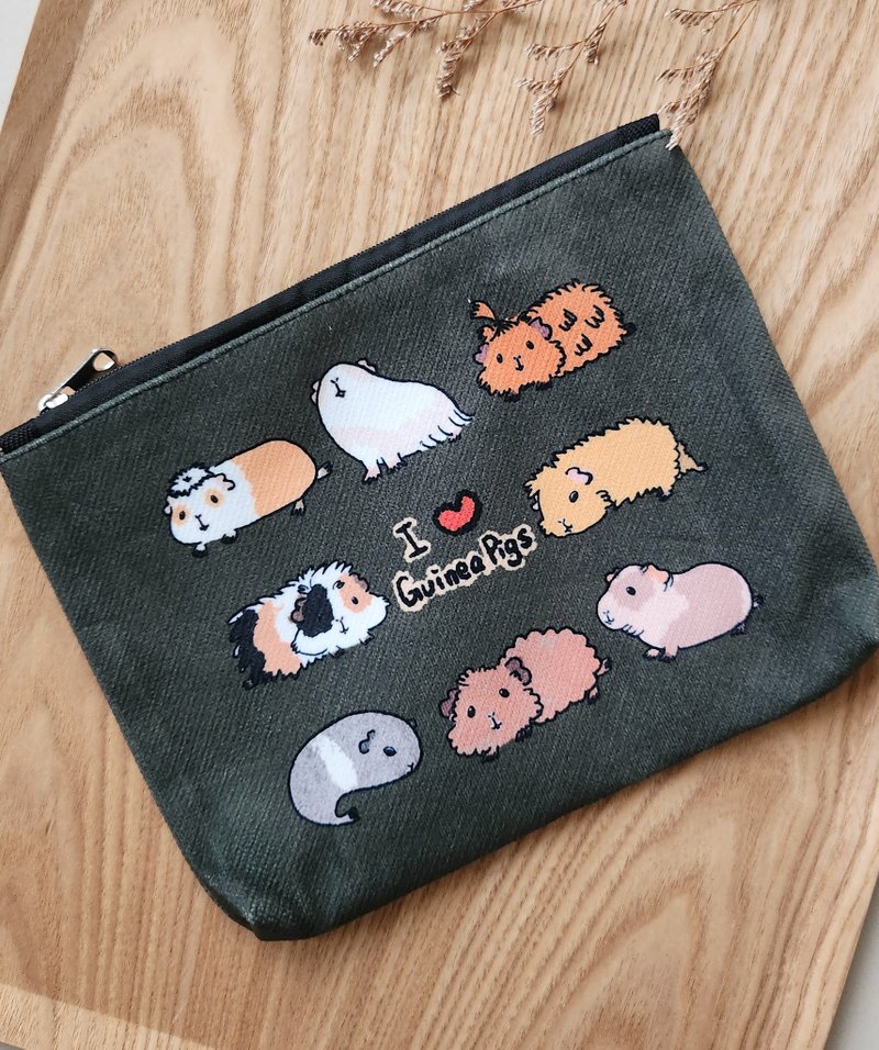 天竺鼠收納包 墨綠色 - 化妝包/收納袋 - 棉．麻 