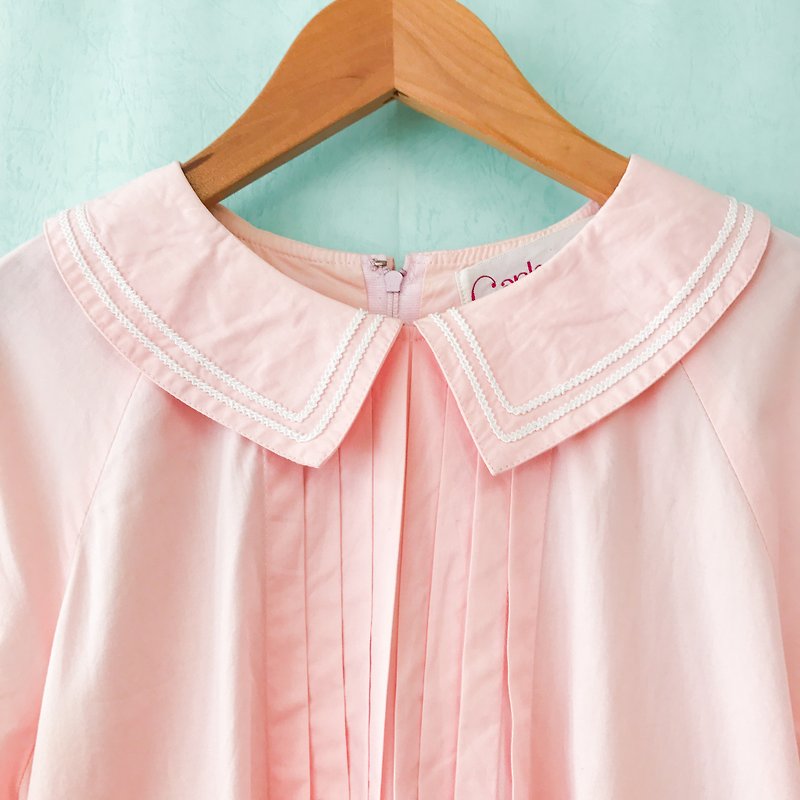 古著洋裝 / 粉紅色娃娃領摺紋短袖洋裝 - 洋裝/連身裙 - 棉．麻 粉紅色