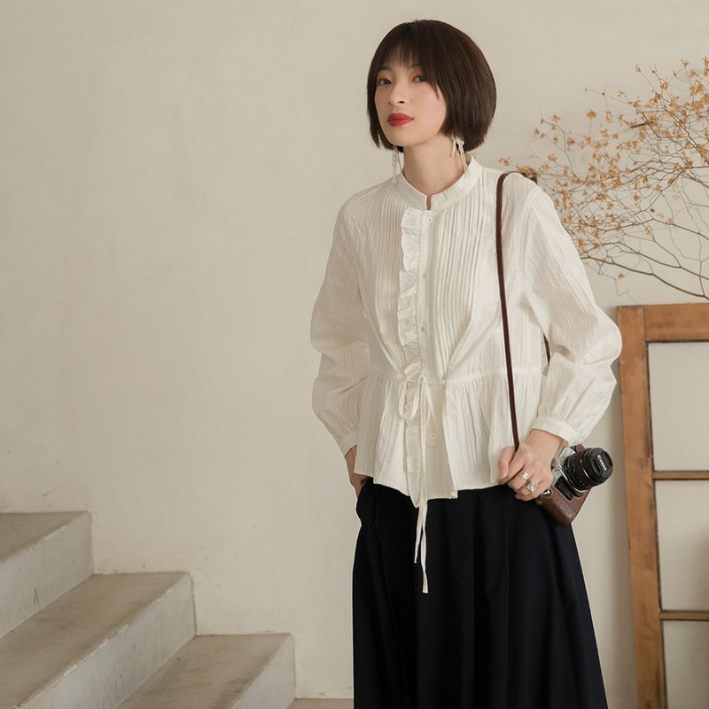 宮廷風花邊長袖襯衫|襯衫|春款|棉|Sora-457 - 女襯衫 - 棉．麻 白色