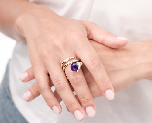Majade Jewelry Design 紫水晶925純銀戒指 螺旋環繞造型戒指 圓球寶石雞尾酒厚版戒指