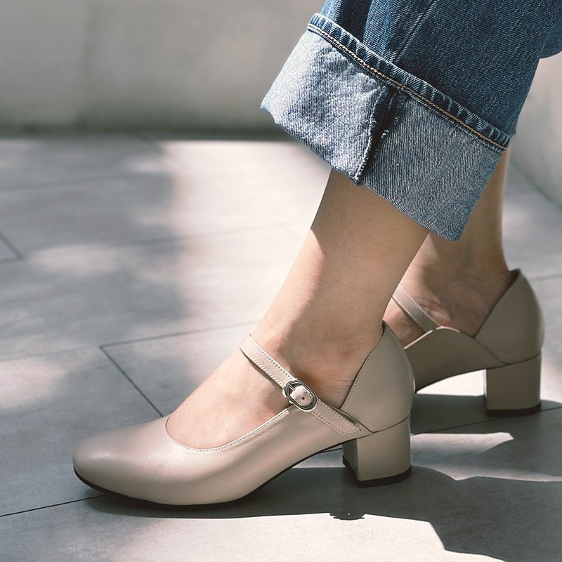 Emma Square Toe Mary Jane Low Heels-English Milk Tea - High Heels - Genuine Leather White