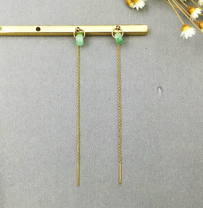 Emerald blue jade 14K gold 1 / 20GF gold-plated gold long ear chain - Earrings & Clip-ons - Precious Metals Gold