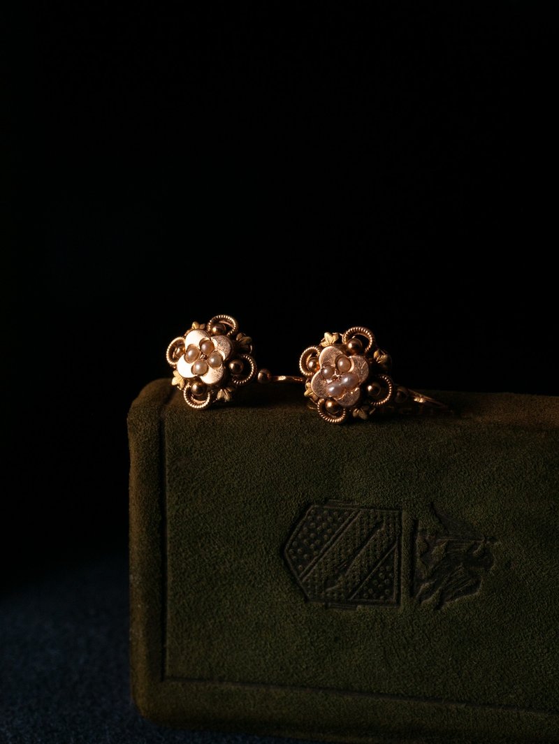 1880s French Pearl Begonia Window Flower Gold Earrings - Earrings & Clip-ons - Precious Metals Gold