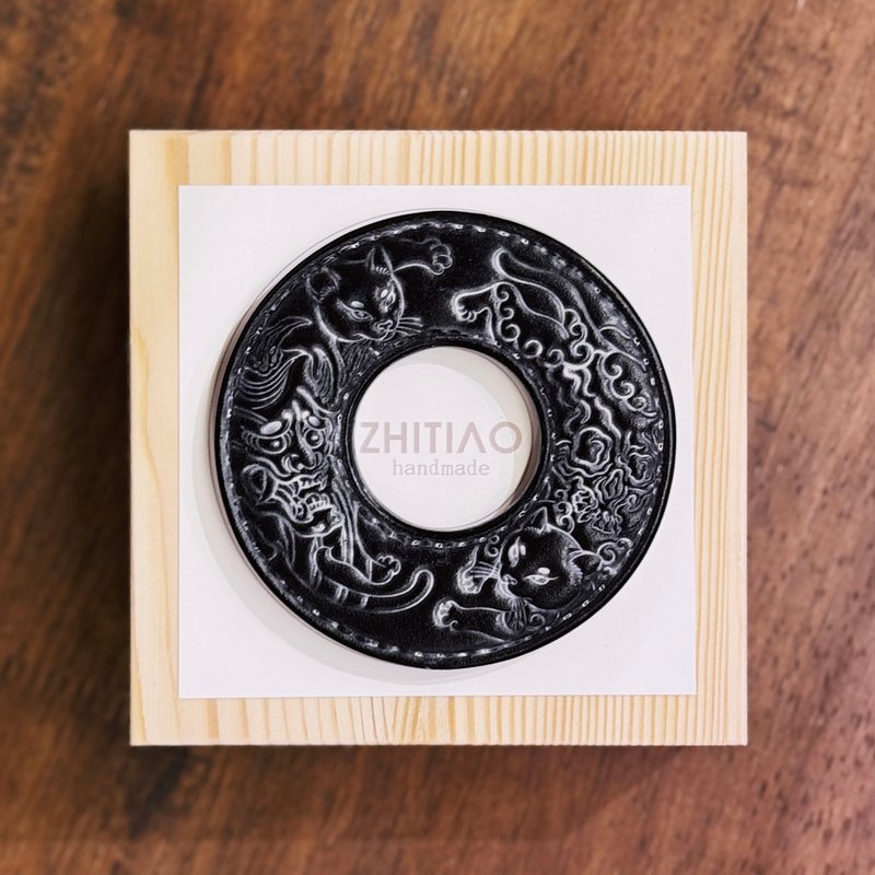 原創手工製作牛皮劍道刀鐔 貓侍武者 霧蠟黑 劍鍔 Tsuba - 運動配件 - 真皮 黑色