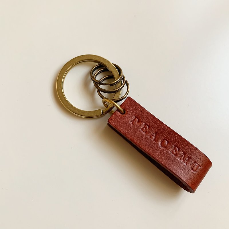 [Texture Bronze leather ring key ring] Simple life custom lettering 4 color selection Christmas exchange gifts - Keychains - Copper & Brass 