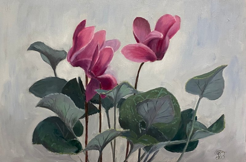 Cyclamen Flowers Oil Painting Realistic Floral Art 30 x 20 cm - 壁貼/牆壁裝飾 - 紙 粉紅色