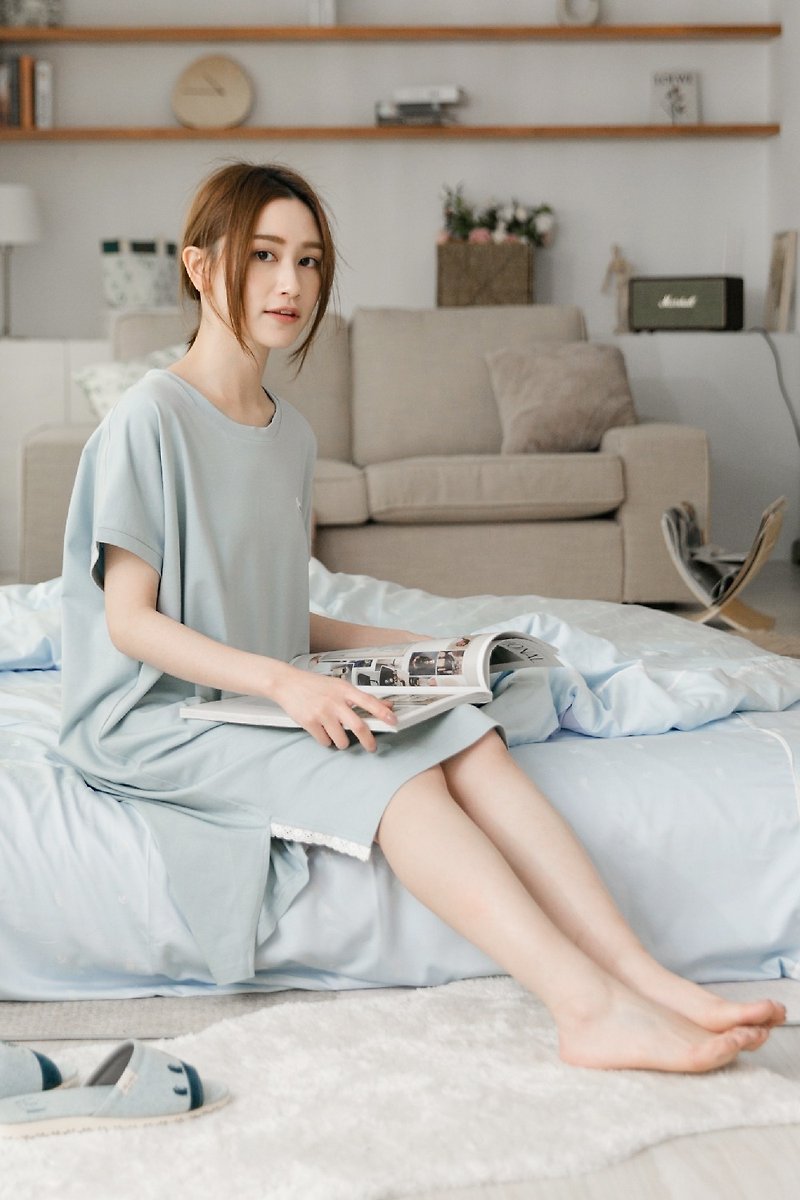 [Sold Out] Collagen Lace Short Sleeve Homewear One-piece Dress (Blue) Epidemic Prevention/Pajamas/Home Wear - Loungewear & Sleepwear - Cotton & Hemp Blue