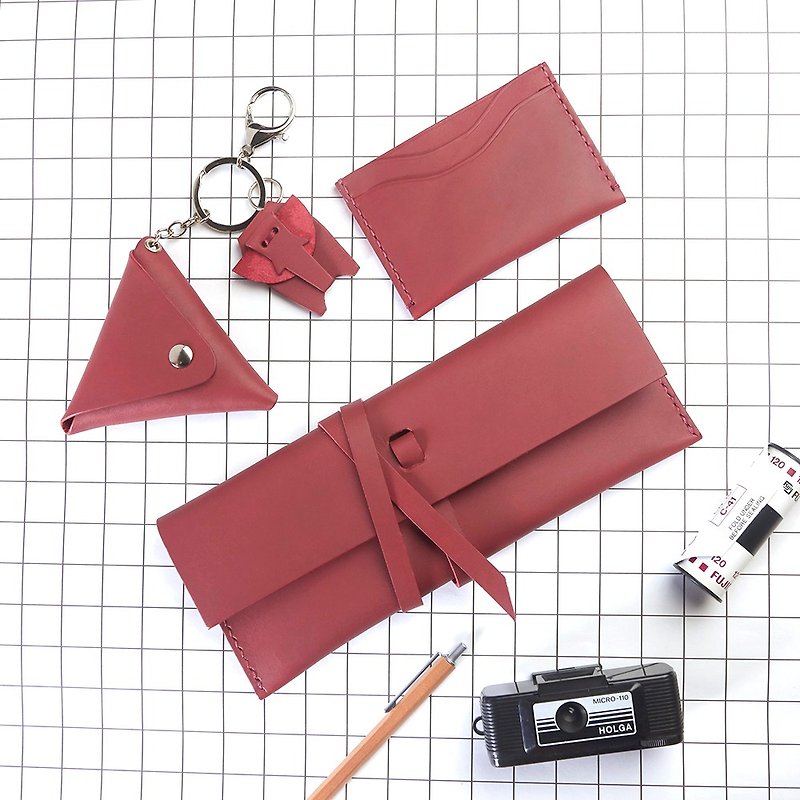 GOODY BAG  Set of Burgundy Leather handmade 3 pieces - Pencil Cases - Genuine Leather Purple