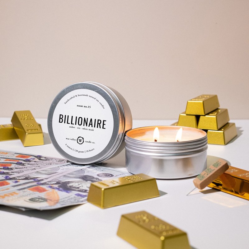 Soy Candle Billionaire Blend Travel Tin - Amber, Iris & White Musk - 香氛蠟燭/燭台 - 其他材質 銀色