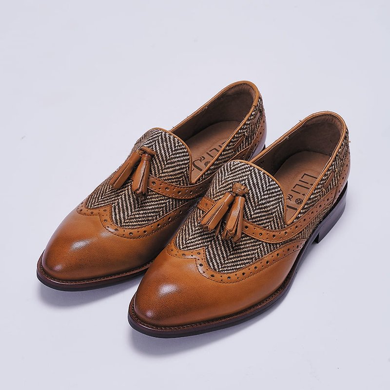 [Explore England] Cowhide stitching fabric tassel loafers_caramel latte - Women's Oxford Shoes - Genuine Leather Brown