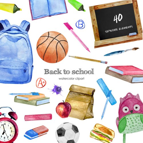 Art and Funny Watercolor Back To School clipart. School supplies illustration