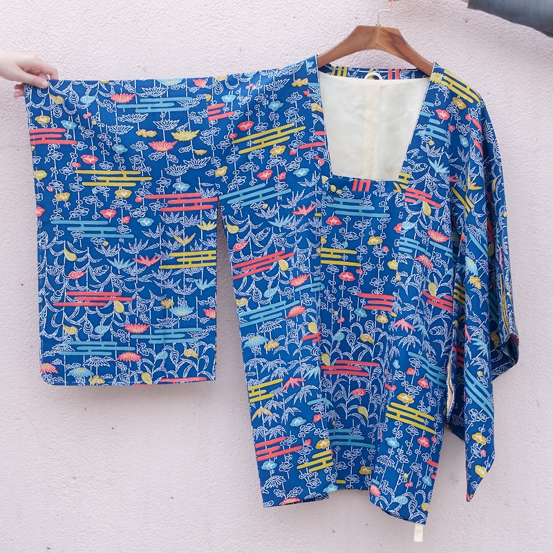 Kimono / Blue Michiyuki with Bamboo Print - เสื้อแจ็คเก็ต - ผ้าไหม สีน้ำเงิน