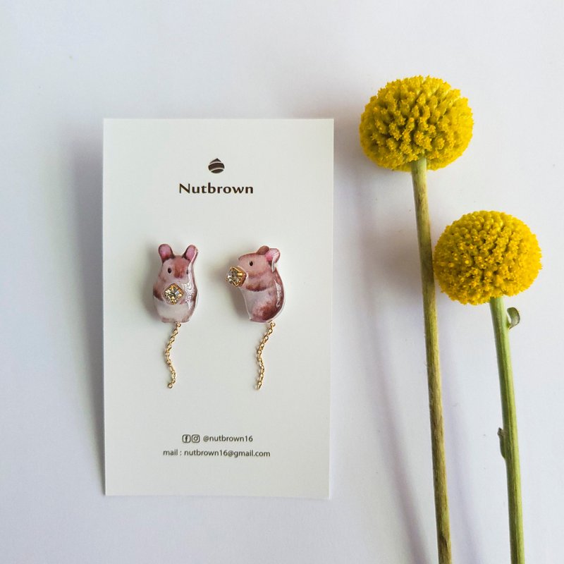 Animal Series-Little Mouse Nest Mouse Earrings/ Clip-On - ต่างหู - เรซิน สีกากี