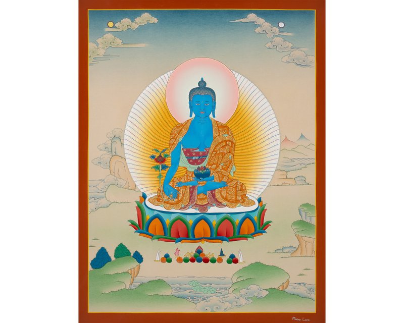 藥師佛噶瑪嘎孜藝術 — 手工西藏唐卡繪畫 - 壁貼/牆壁裝飾 - 其他材質 多色