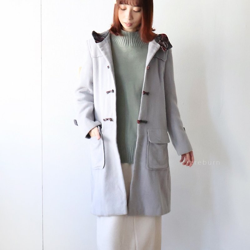 Winter retro Japanese style hooded gray blue wool thin vintage coat - เสื้อแจ็คเก็ต - ขนแกะ สีน้ำเงิน
