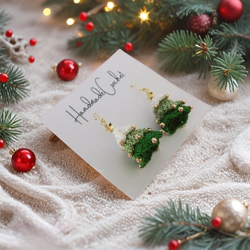 微鈎聖誕樹耳環 - 耳環/耳夾 - 棉．麻 綠色