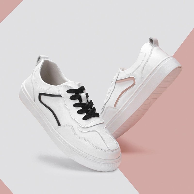 Genuine leather streamline stitching casual shoes-white black/white pink 8079L - Women's Casual Shoes - Genuine Leather White