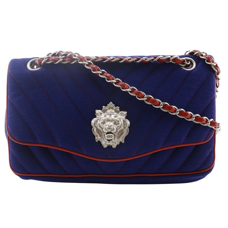 【日本直送】シャネル CHANEL ダブルチェーンショルダー ショルダーバッグ Vステッチ ライオン シェブロン コットン 紺/赤 レディース【中古】 - 側背包/斜背包 - 棉．麻 藍色