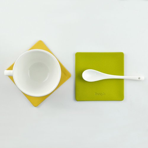 Square PU Leather Coaster , Yellow and Green, Custom Colors