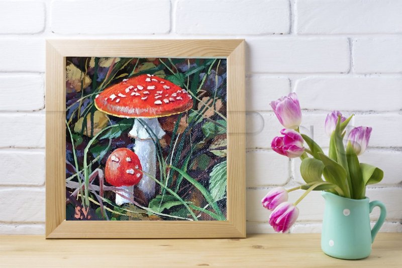 Fly Agaric Painting Mushroom Original Art Forest Artwork Small Oil Painting - 壁貼/牆壁裝飾 - 棉．麻 紅色