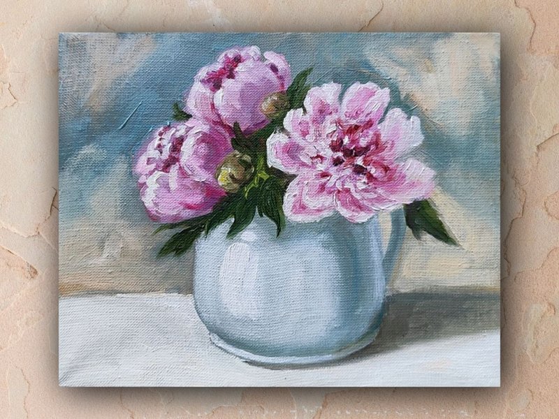 Peonies Painting Original Oil Art Stretched Canvas Pink Flowers Artwork 20 by 25 - Posters - Other Materials Pink