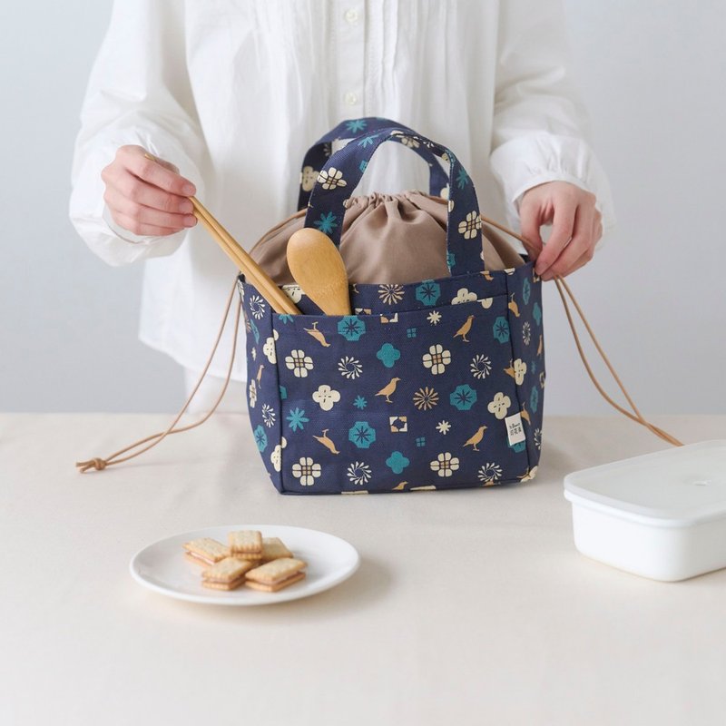 束口便當袋/經典花色/沉穩藍/經典新色IV - 便當盒/食物袋 - 棉．麻 藍色