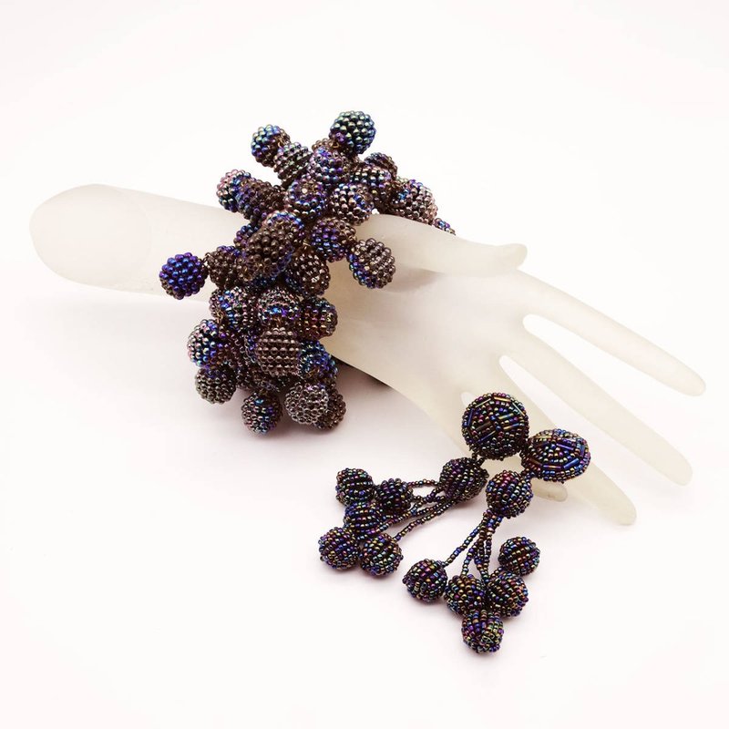 70s USA vintage beads bangle & earrings - 手鍊/手環 - 其他金屬 紫色