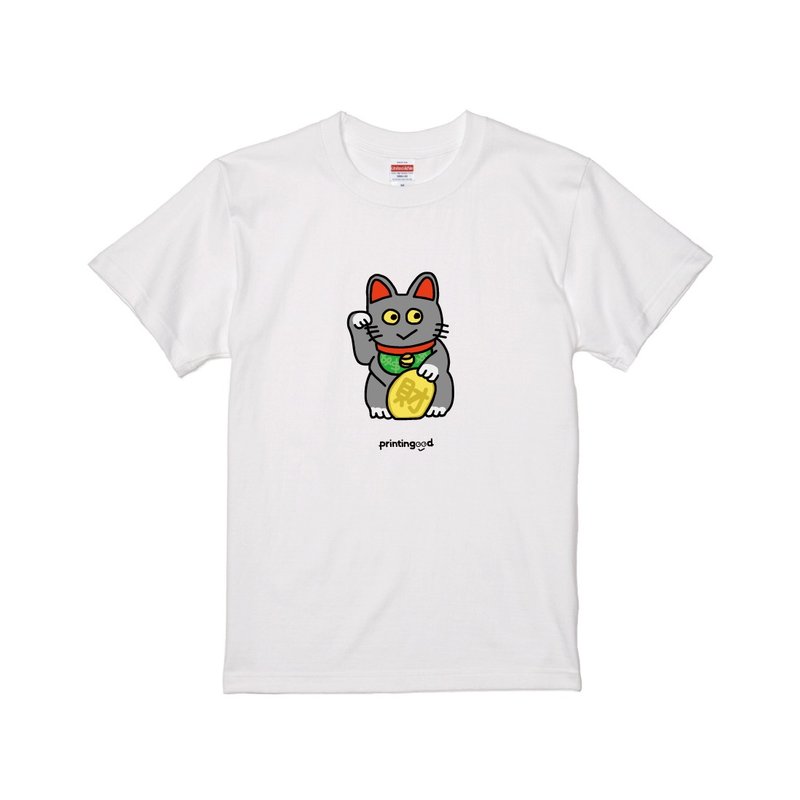 招財貓(招き猫) 短袖T恤 灰黑貓  白t-shirt - 女 T 恤 - 棉．麻 多色