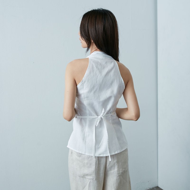 sleeveless cardigan vest - white - เสื้อกั๊กผู้หญิง - ผ้าฝ้าย/ผ้าลินิน ขาว