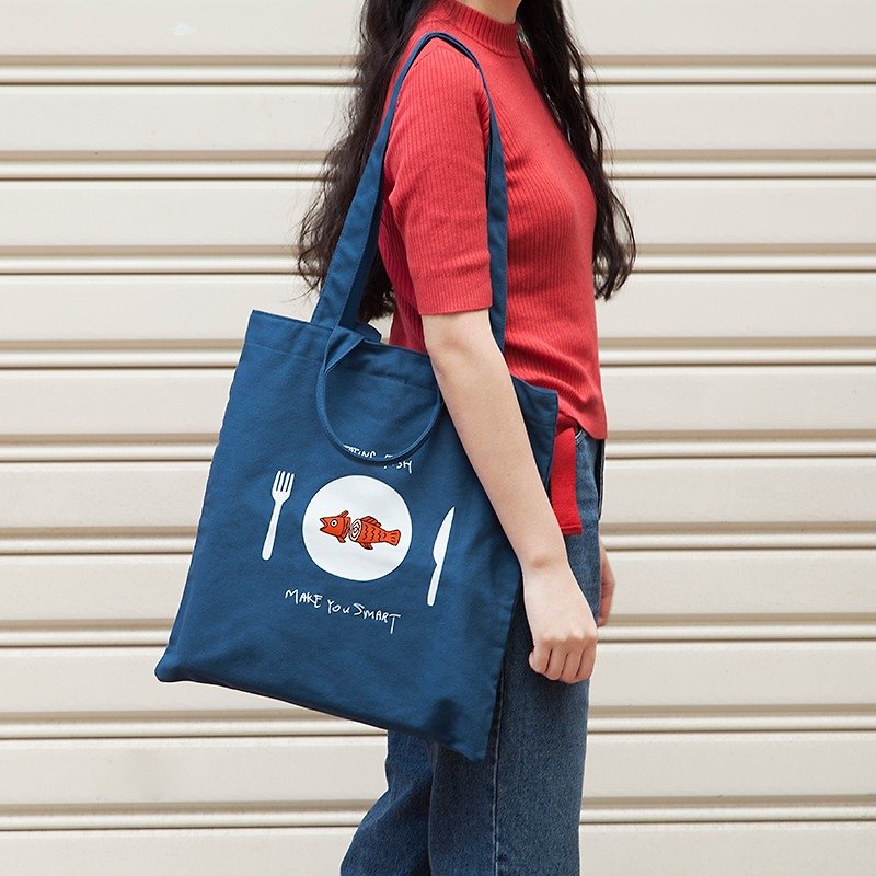 其他材質 側背包/斜孭袋 藍色 - YIZISTORE 帆布印花購物袋 手提包單肩包 -魚