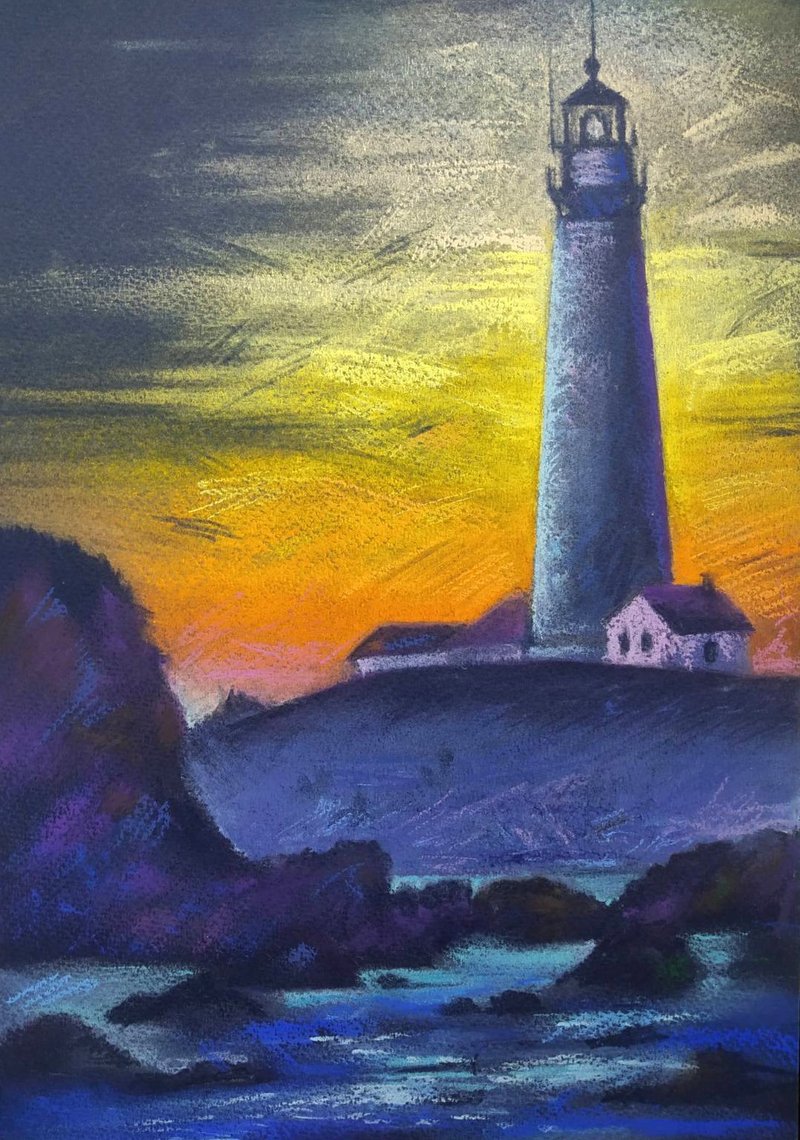 Original pastel drawing, landscape, lighthouse, sea sunset, rocky coast 12x8 in - ตกแต่งผนัง - กระดาษ หลากหลายสี