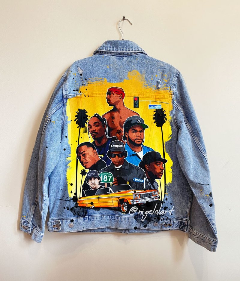 Painted Denim Jacket Handmade Custom jacket hip hop jay Z Biggest 2Pac Gift - 女大衣/外套 - 棉．麻 多色