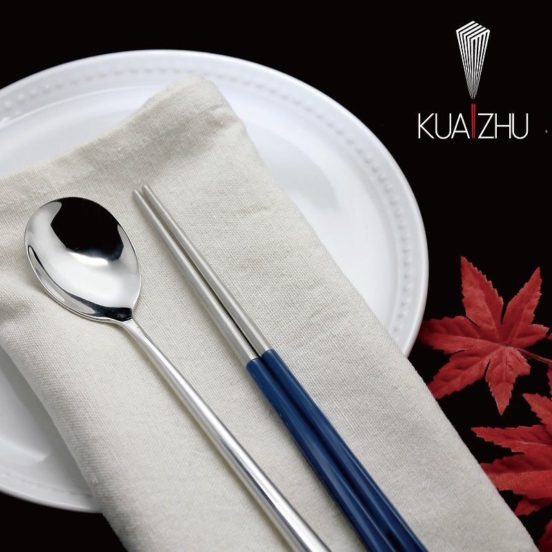 Stainless Steel Four-Corner Chopsticks and Spoon Tableware Set Temperament Blue (Additional Tableware Bag) - Chopsticks - Stainless Steel Blue