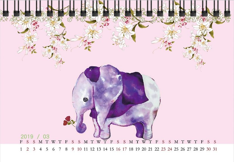 2019デスクカレンダー - 地球を色で包む象 期間限定予約 - カレンダー - 紙 ピンク