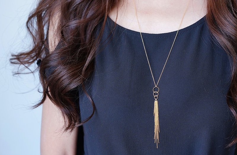【14KGF】Linked Circle,Chain Tassel Long Necklace - Long Necklaces - Other Metals Gold