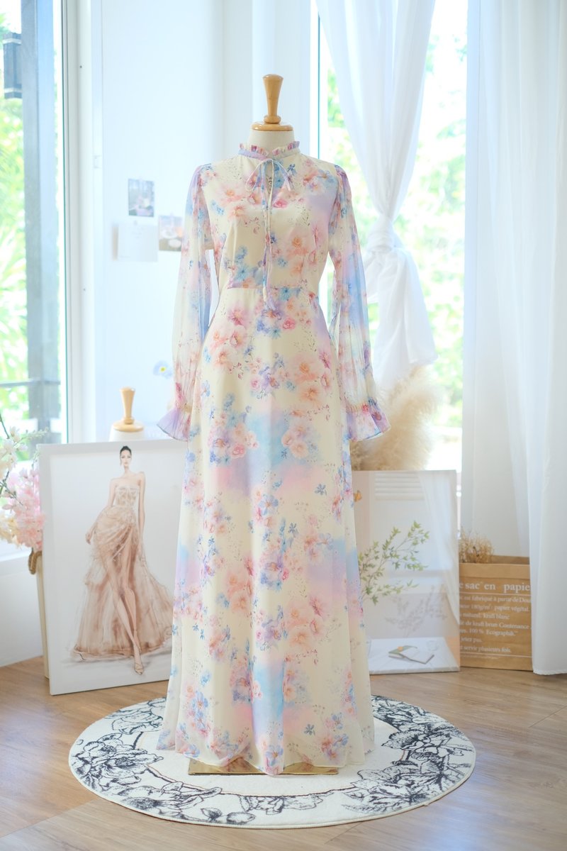 Yellow floral maxi party dress Bridesmaid dress long sleeve summer dress - 洋裝/連身裙 - 聚酯纖維 黃色