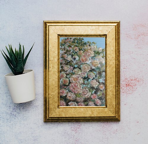 SanArtStudio 玫瑰畫、原創藝術品、粉色花朵畫、牆壁藝術、小畫