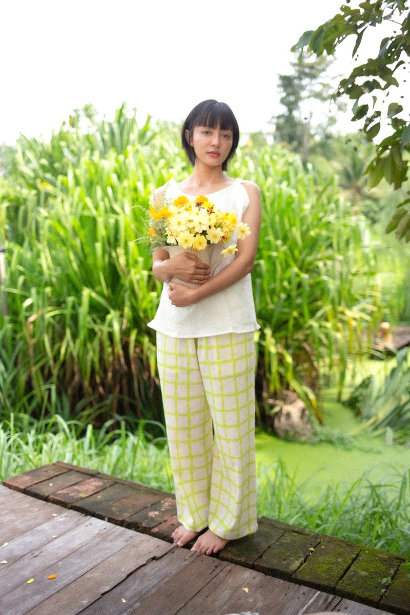 Mulmul light green block wide pants - กางเกง - ผ้าฝ้าย/ผ้าลินิน สีเขียว