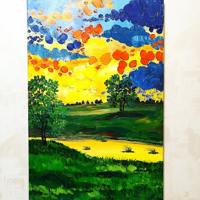 Textured Acrylic Painting Landscape Art Wall Decoration Sunset Artwork - 壁貼/牆壁裝飾 - 壓克力 多色