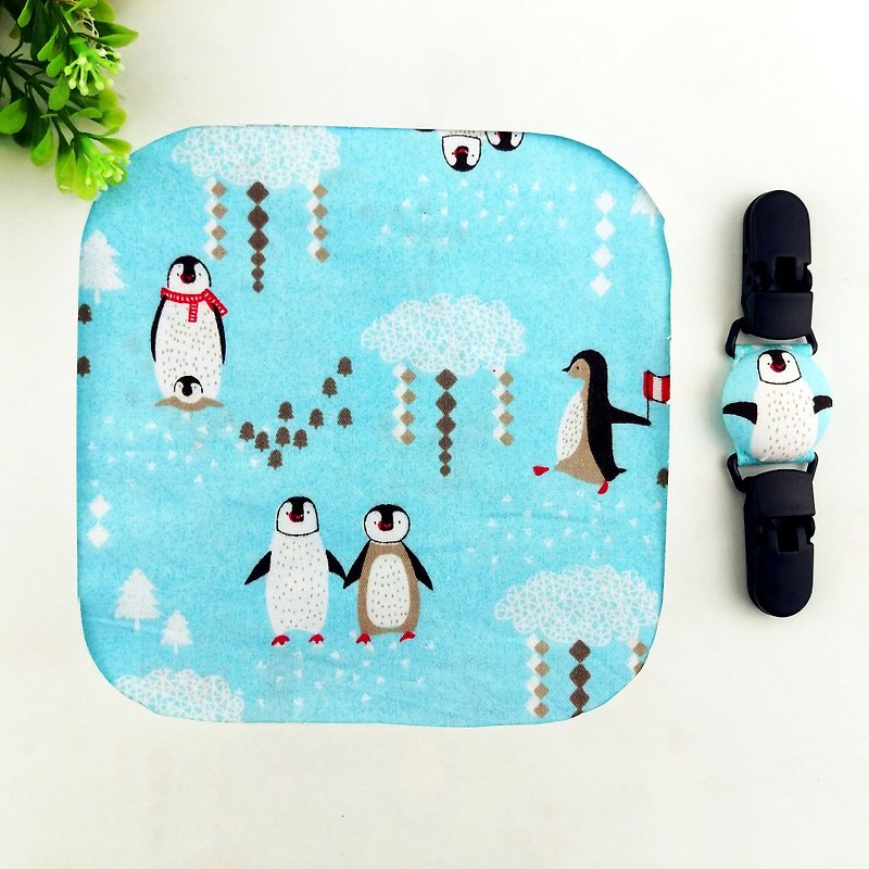 Penguin family. Double-sided cotton handkerchief + handkerchief clip (can increase the price of 40 embroidery name) - ผ้ากันเปื้อน - ผ้าฝ้าย/ผ้าลินิน สีน้ำเงิน