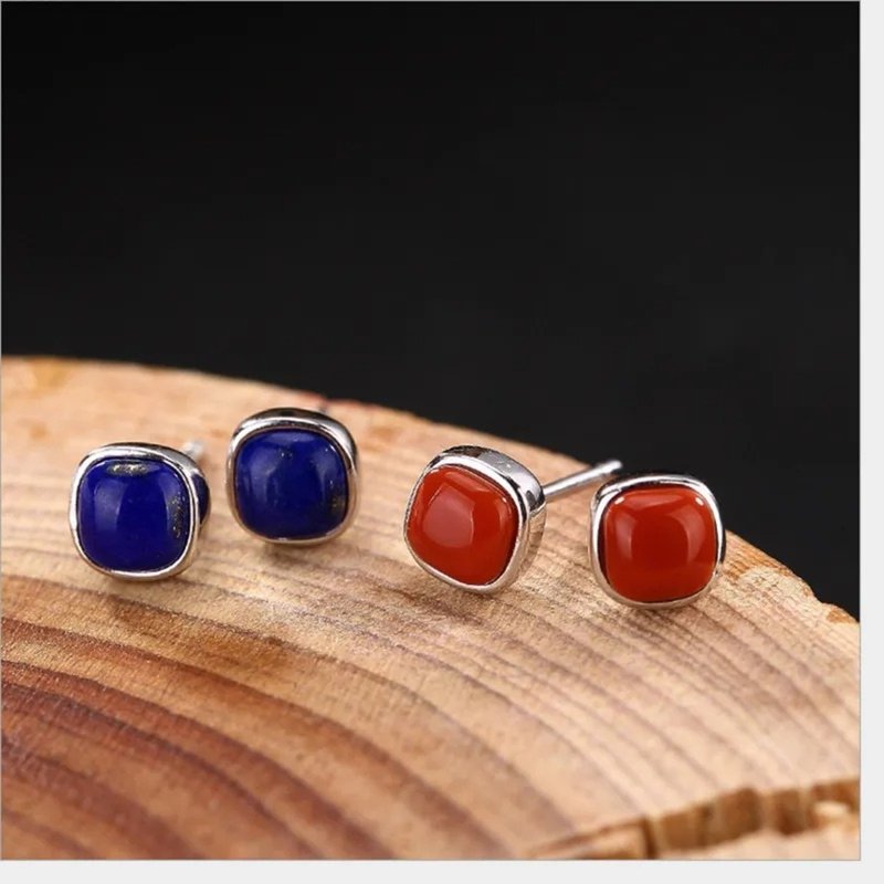 925 Sterling Silver Nature Lapis Stud Earrings Agate Studs Women Ethnic Vintage - Earrings & Clip-ons - Gemstone Multicolor