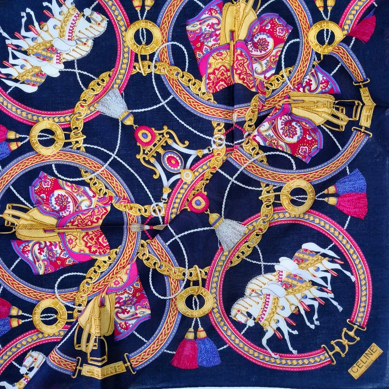 Celine Paris Vintage Scarf Equestrian - Horse Motif & Saddle 22.5 x 22.5 inches - 手帕 - 棉．麻 藍色