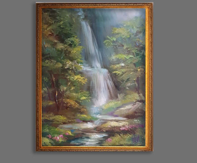 滝の絵 オリジナルアート 風景油絵 森のキャンバス油絵 掛絵画
