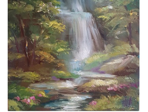 滝の風景 油彩画 金色フレーム やっと完成しました✌️ 『せせらぎ』F60 油絵🖼️ たくさんの光