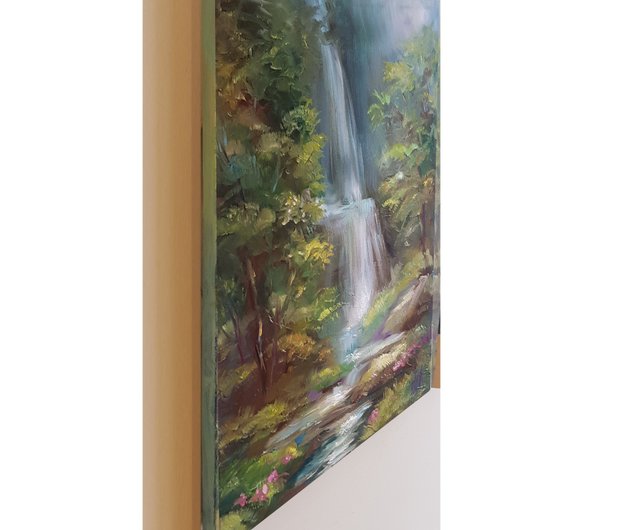 滝の絵 オリジナルアート 風景油絵 森のキャンバス油絵 掛絵画