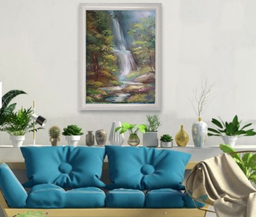 滝の絵 オリジナルアート 風景油絵 森のキャンバス油絵 掛絵画