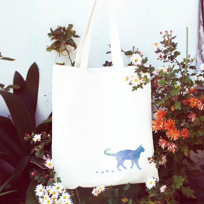 水彩猫キャンバスアート環境保護ショルダーハンドバッグショッピングバッグベージュ猫水彩 - ショルダーバッグ - その他の素材 ホワイト