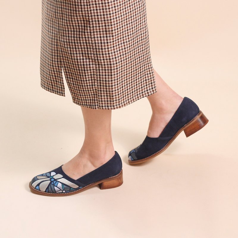 Embroidered reckless wooden shoes-Fucheng Map/Dark Blue - Women's Oxford Shoes - Genuine Leather Blue