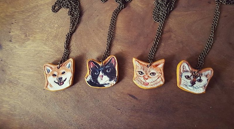 Custom pet cat, dog pure leather necklace (made Valentine, birthday gifts) - สร้อยคอ - หนังแท้ สีส้ม