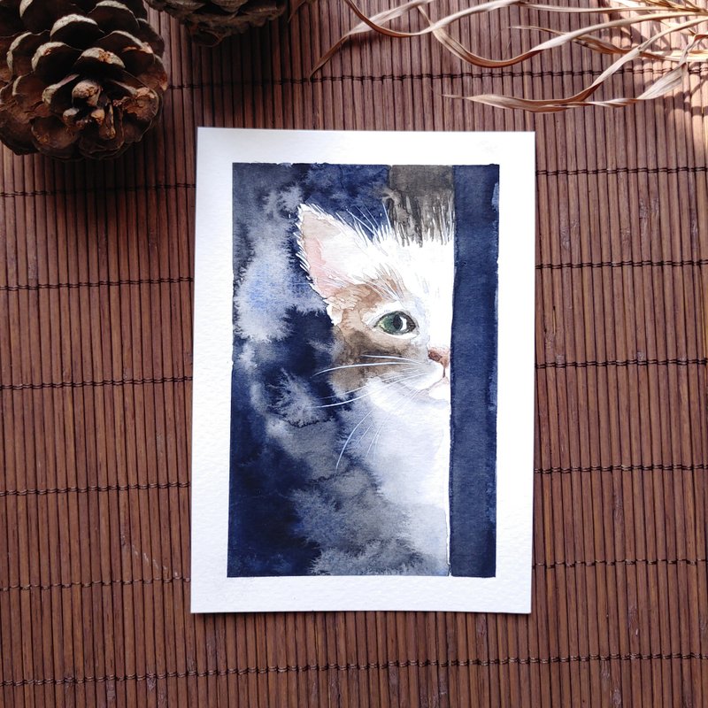 Kitty original watercolor postcard. Cat painting card - 卡片/明信片 - 紙 灰色